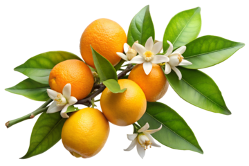 Citrus aurantium with blossom and fruits branch isolated on transparent background, png file.