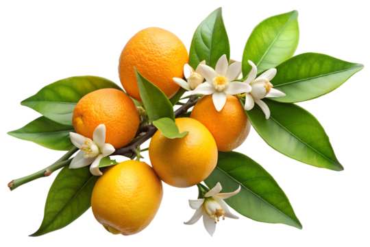 Citrus aurantium with blossom and fruits branch isolated on transparent background, png file.