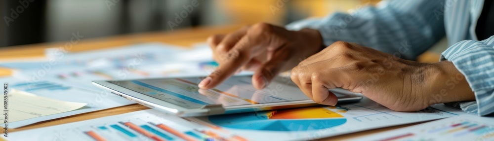 Poster a person analyzes data on a tablet amidst various reports and charts, showcasing the integration of 
