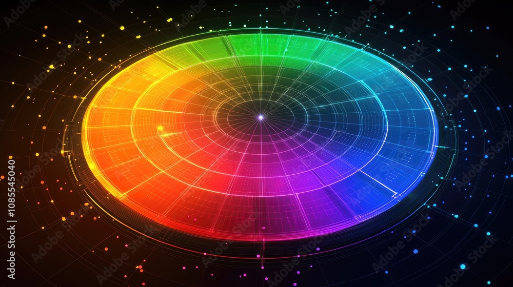 Aufkleber vibrant circular color wheel displaying a spectrum of bright colors on a dark background, representi