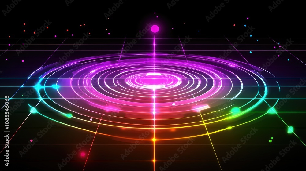 Poster colorful abstract light waves on black background with circular patterns and glowing dots for digita