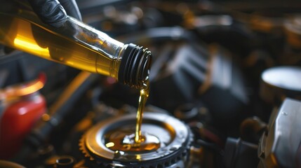 A mechanic pours oil into a car engine, showcasing maintenance and care for vehicle performance and longevity.