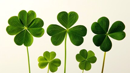 A collection of green clover leaves with distinct shapes and sizes.