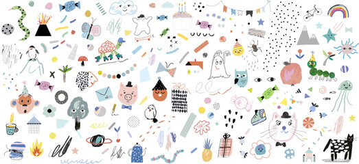 Doodles for kids. Cute abstract creative fun background. Vector. 