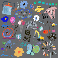 Doodles for kids. Cute abstract creative fun background. Vector. 