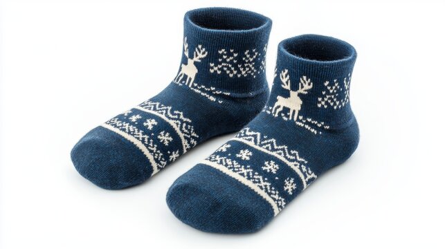 Socks with deer and snowflake patterns, isolated on white. 