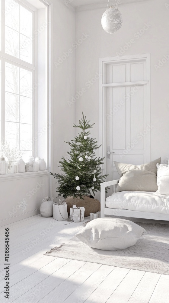 Poster a white room with a christmas tree in the corner and a couch in the center