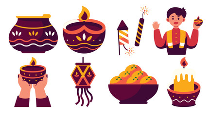 A festive collection of Diwali illustrations featuring diyas, fireworks, lanterns, sweets, candles, and a traditional figure. Perfect for seasonal designs and decorations.