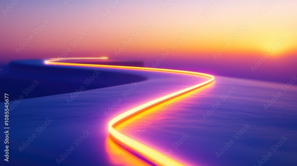 Poster curved pathway illuminated by neon glow against a dusk skyline in soft pastel colors creating a sere