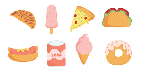 A charming collection of fast food and baked goods illustrations, featuring sushi, muffin, sandwich, pretzel, fries, burger, hot dog, and baguette. Perfect for food-related projects.