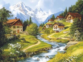 A picturesque village nestled in a valley, surrounded by snow-capped mountains and a gently flowing stream.  Charming houses with red roofs create a tranquil scene.