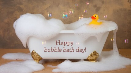 Cozy bubble bath scene with a rubber duck, celebrating "Bubble Bath Day"