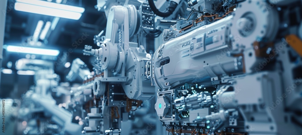 Poster advanced robotic arms assembling car drivetrain components on high-tech assembly line