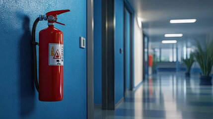 Fire extinguisher with emergency signage, mounted on a blue wall in a public building for clear visibility.