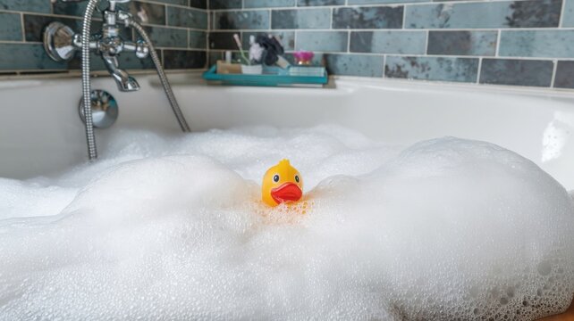Colorful rubber duck in a bathtub filled with soap bubbles. Banner, background for bath, spa, relaxation themes - Powered by Adobe