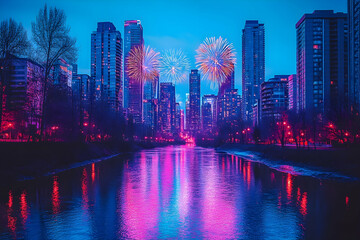 Night cityscape with fireworks reflected in water. (1)