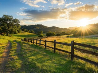 Fototapeta premium Serene sunset over a picturesque landscape. A rustic wooden fence lines a dirt path leading through a vibrant green pasture, rolling hills in the background bathed in the golden hour light.