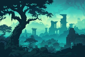 Obraz premium Silhouette of Ancient Ruins in a Foggy Forest
