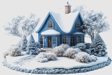 Fototapeta premium Charming Winter Wonderland 3D Illustration Featuring an Isolated Blue House Surrounded by Snow-Capped Trees and Frosty Landscapes on White Background