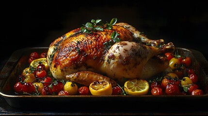 Golden-brown roasted chicken with crispy skin, garnished with caramelized lemon, cherry tomatoes and herbs on rustic baking tray, dramatic lighting against dark background.