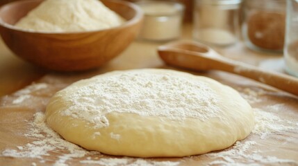 Fototapeta premium Flour and raw wheat dough in the center of a table, bowl of flour and wooden spoon in the background.
