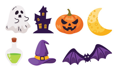 A spooky and fun Halloween-themed illustration set featuring a ghost, haunted house, jack-o'-lantern, crescent moon, witch hat, potion bottle, and bat. Perfect for festive designs.