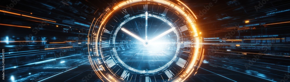 Poster a futuristic clock design symbolizing time and technology with glowing elements.