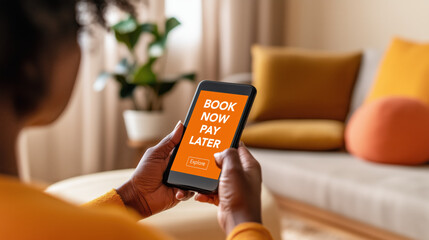 Person using smartphone to book services with Book Now Pay Later message