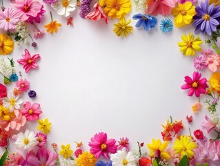 Vibrant floral frame bursting with color! A cheerful arrangement of various flowers creates a beautiful border around a white background, perfect for adding a touch of spring to your projects.
