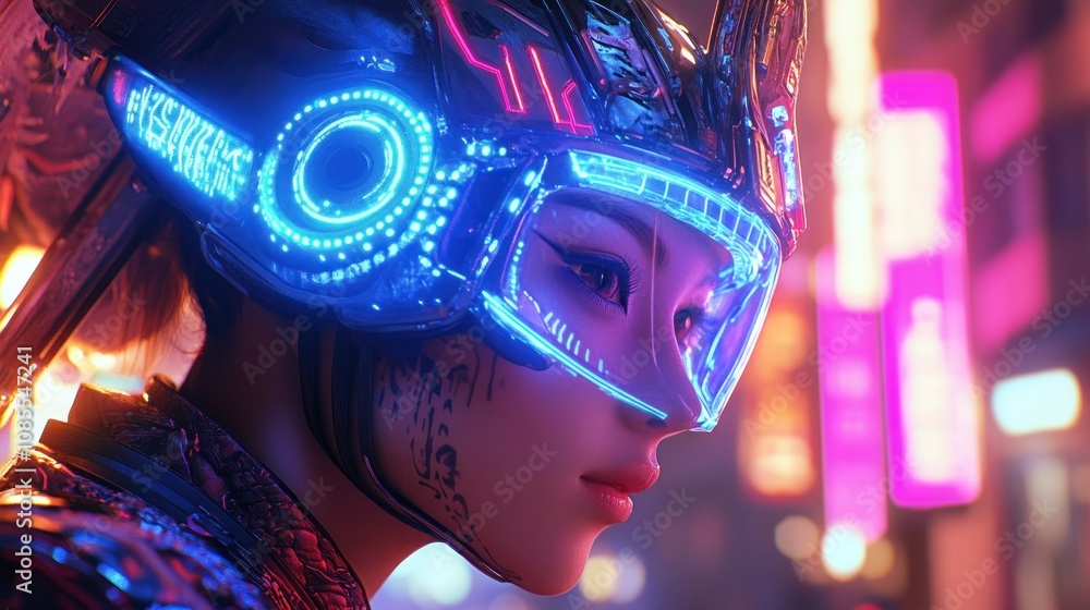 Poster futuristic portrait of a character with glowing elements in a vibrant urban setting.