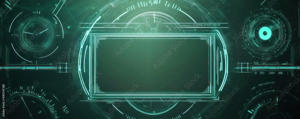 Poster futuristic interface design with glowing elements and a central display area.