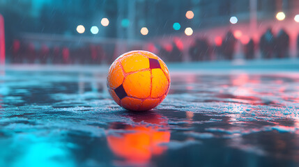 A Stunning Low-Poly Bandy Field Under a Bright Sky with an Orange Ball Amidst Colorful Crowds