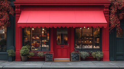 Charming red storefront with inviting displays and signage.