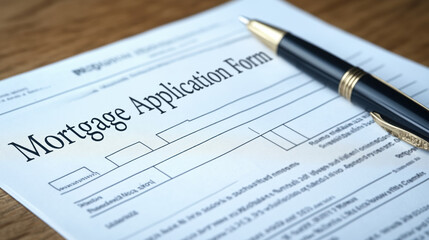 Mortgage application form with pen on wooden table, ready for signing