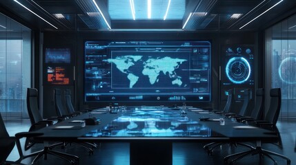 Fototapeta premium Modern conference room with digital world map.