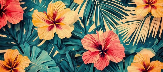Watercolor Floral Arts, famous arts inspired. A vibrant arrangement of colorful hibiscus flowers with lush green leaves, creating a tropical and exotic atmosphere, ideal for design and decoration.