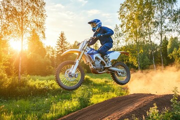 A motocross rider jumps over a dirt ramp, with the sun setting behind him.