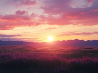 Obraz premium Serene sunset over a vast field of wildflowers. The warm colors of the sky paint a breathtaking scene.