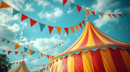 Vintage amusement park scene with retro red-yellow circus tent&nbsp;and triangle bunting flags, set&nbsp;against teal blue sky with fluffy clouds, featuring nostalgic color&nbsp;grading.