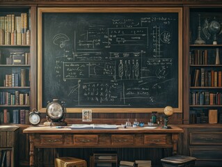 A dimly lit study filled with bookshelves, a large chalkboard covered in scientific equations, and an antique desk with various scientific instruments. The overall mood is mysterious and intellectual.
