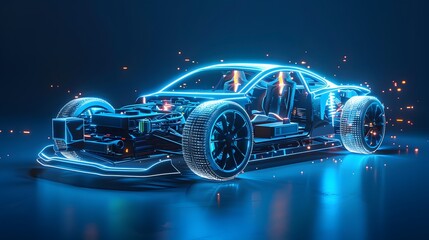 Naklejka premium A prototype racing car with stunning blue and red lights. High-speed prototype car glowing in blue and red shades. Futuristic prototype racing car glowing in blue and red hues.