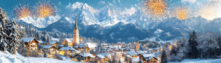 Snowy village in mountains with fireworks.