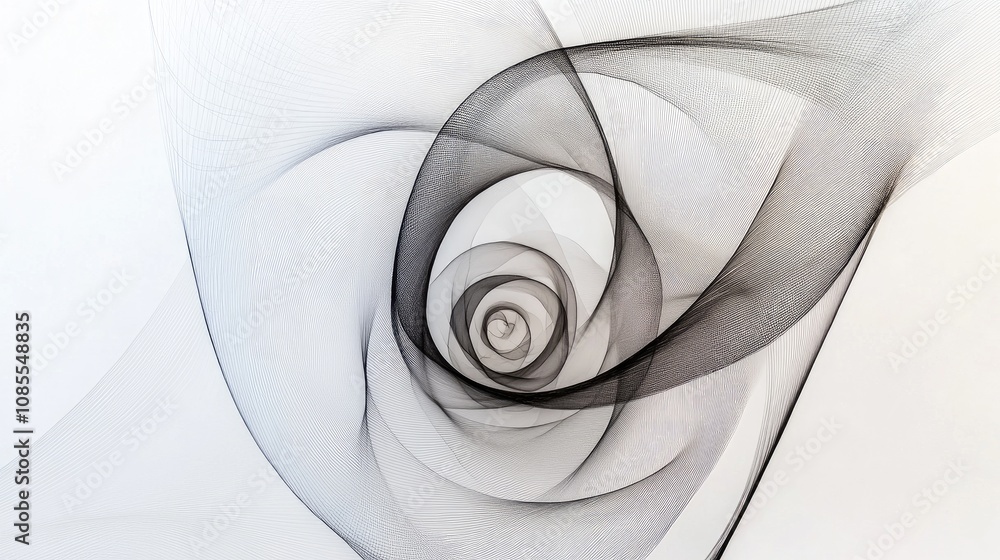 Poster abstract black and white spiral formation with smooth lines creating intricate patterns and depth fo