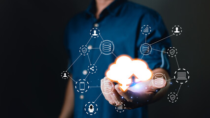 Hand hold icon cloud computing technology.data storage center system sharing management for upload download transfer.secure backup online digital networking and internet connection service concept.