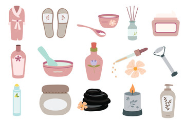 A relaxing collection of spa and skincare-themed illustrations, including a robe, slippers, candles, creams, and essential oils. Ideal for wellness and beauty projects.