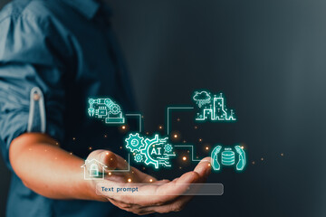 man holding smart AI chatbot and text prompt.Big data storage.Digital Artificial Intelligence technology disruption concept.We are implementing automated tech support and service in the business.