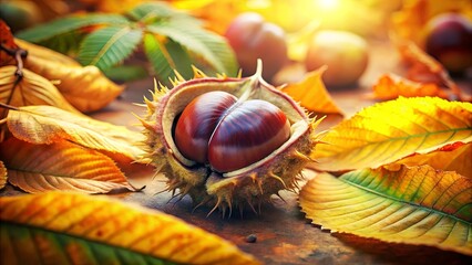 A spiky chestnut husk reveals two smooth, brown seeds resting on a bed of autumn leaves in warm sunlight.