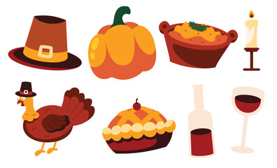 A cozy set of Thanksgiving-themed illustrations featuring a turkey, pumpkin, pie, wine, pilgrim hat, mashed potatoes, and candle. Perfect for holiday designs and decor.