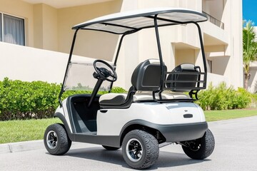 White golf cart parked in front of a building.