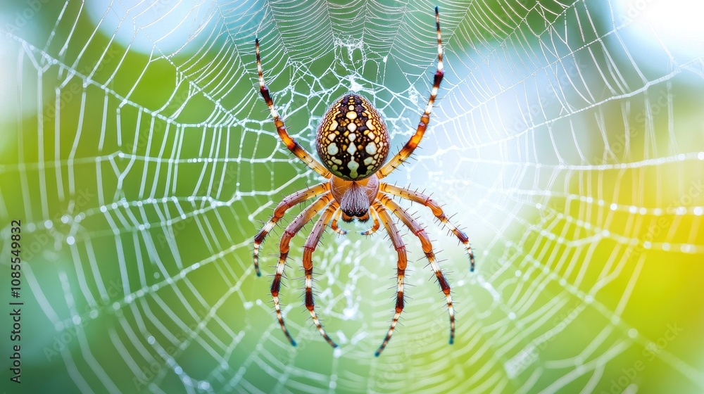 Aufkleber close-up of a colorful spider suspended in a delicate web with nature background, showcasing intrica